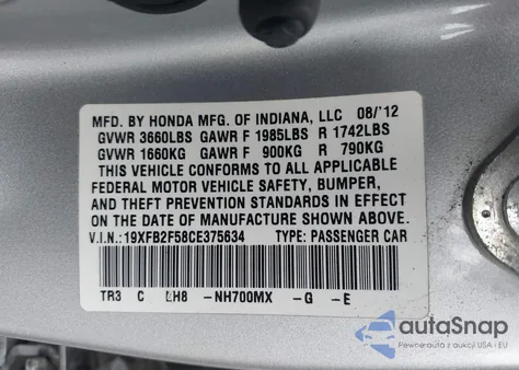 2012 Honda Civic Lx from USA, damaged, VIN 19XFB2F58CE375634